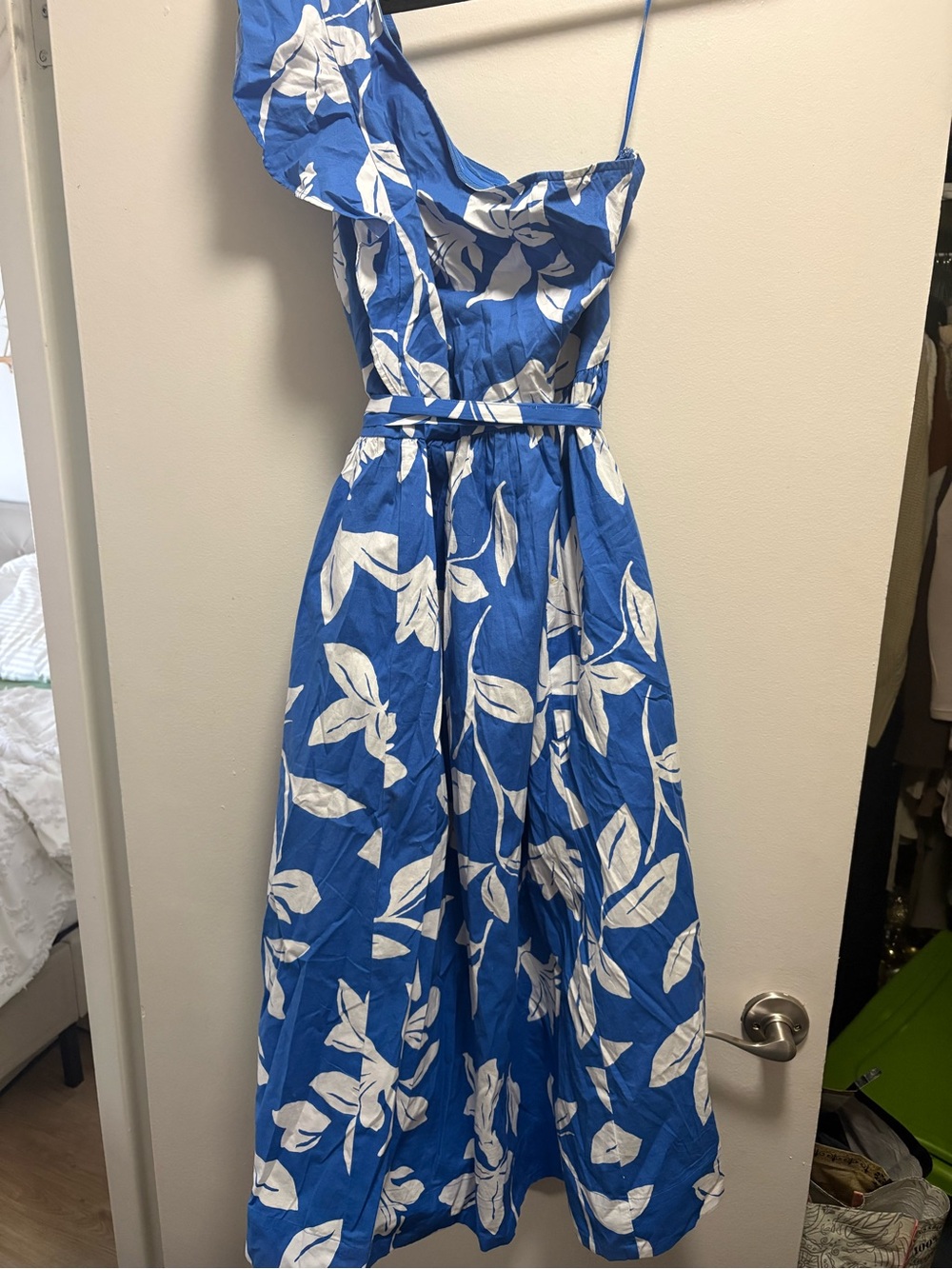 J Crew Blue and White One-Shoulder Floral Midi Dress